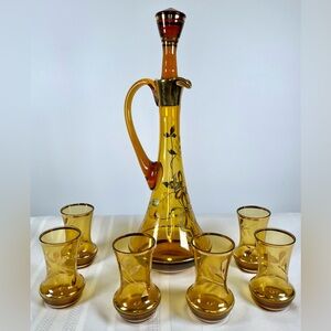 Bohemia Crystal 60s MCM Amber Decanter Floral & 6 Glasses Czech Mid Century RARE